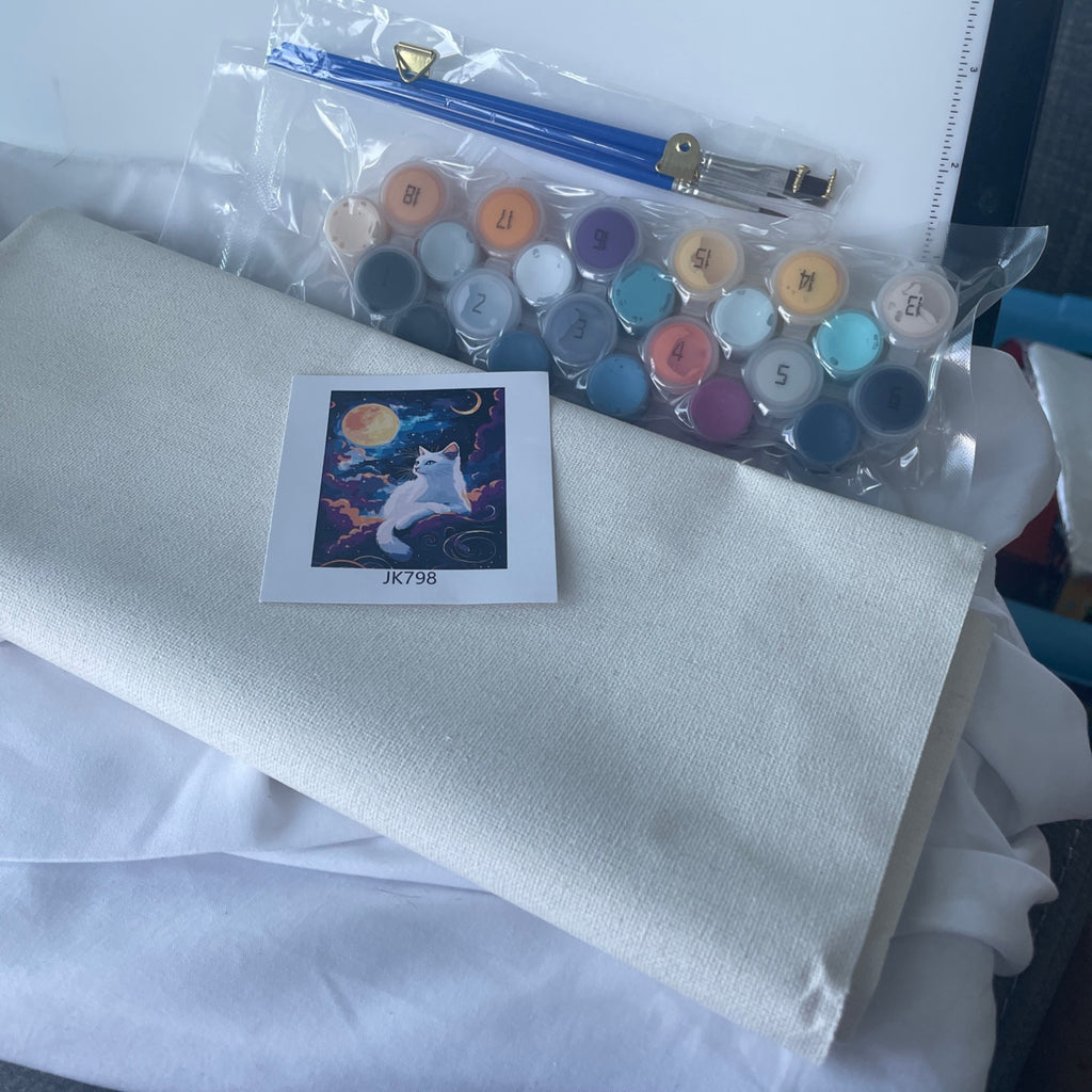 Cat Paint by Numbers Kit for Adults, Kids',  white cat in front of yellow moon