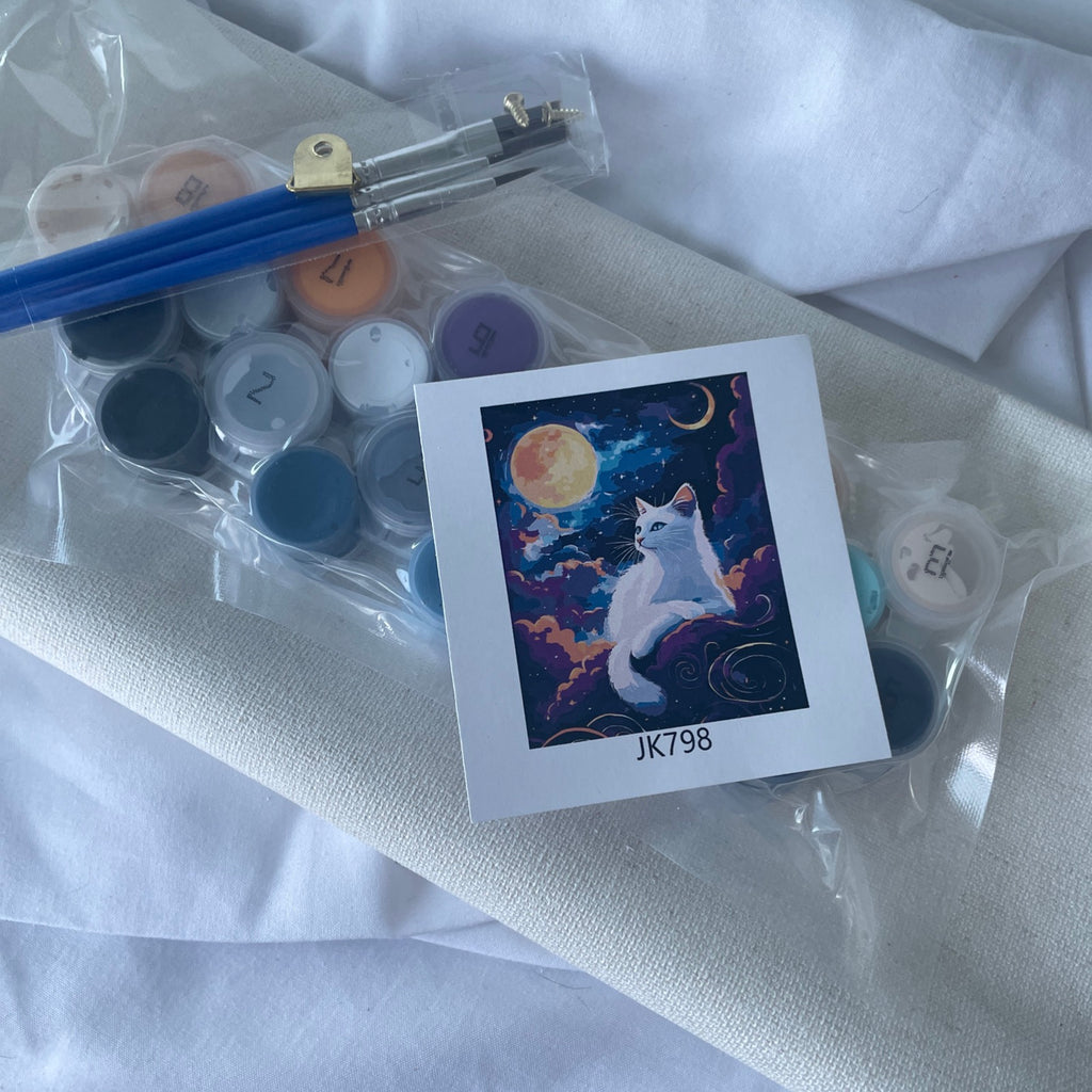 Cat Paint by Numbers Kit for Adults, Kids',  white cat in front of yellow moon