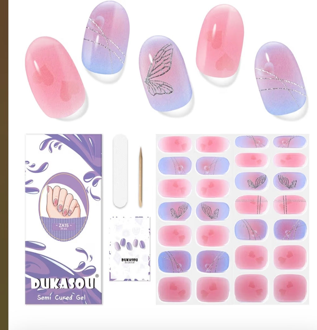DUKASOU Gel Press-On Nails Pink Blue Shiny Butterfly Oval Medium ZA15 Full Cover